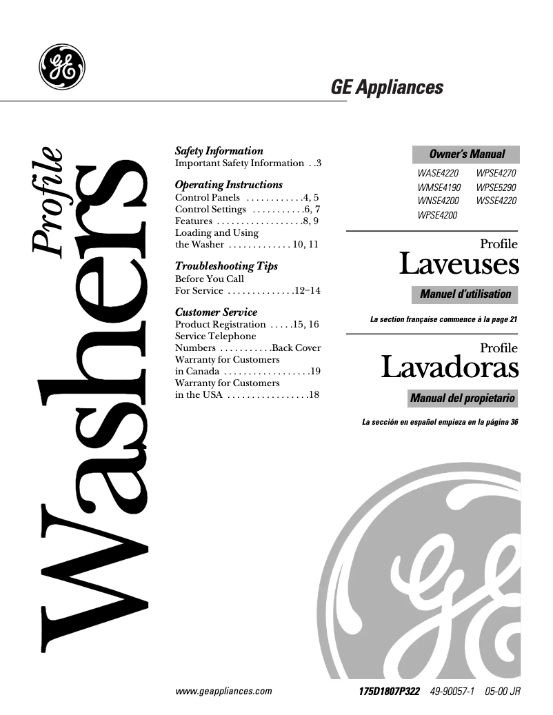 Page 1 of the manual Use and Maintenance Manual GE Profile WPSE5290AWW