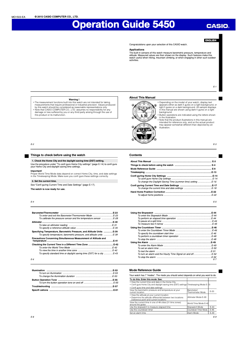 Page 1 of the manual User Manual Casio SGW-450H-1A