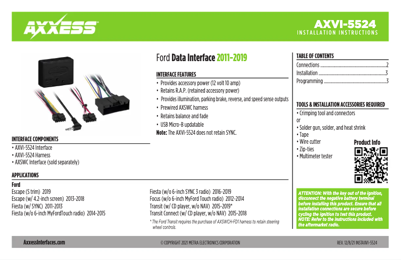 First page image of the manual for AXVI-5524