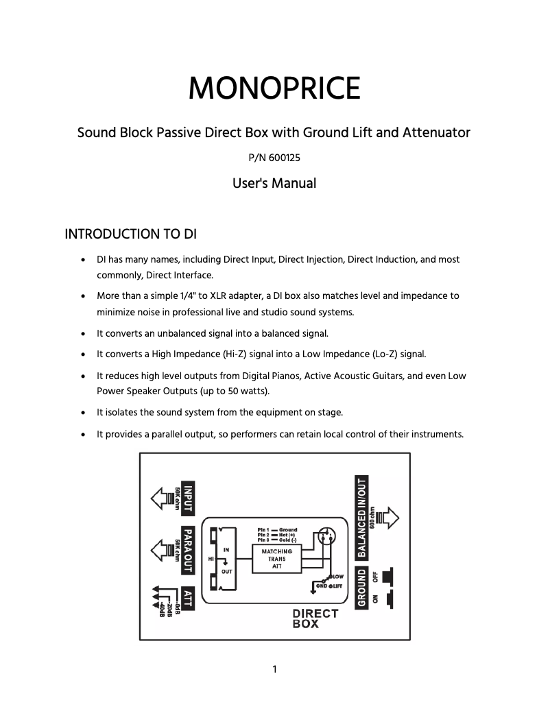 Page 1 de la notice Manuel utilisateur Monoprice 600125