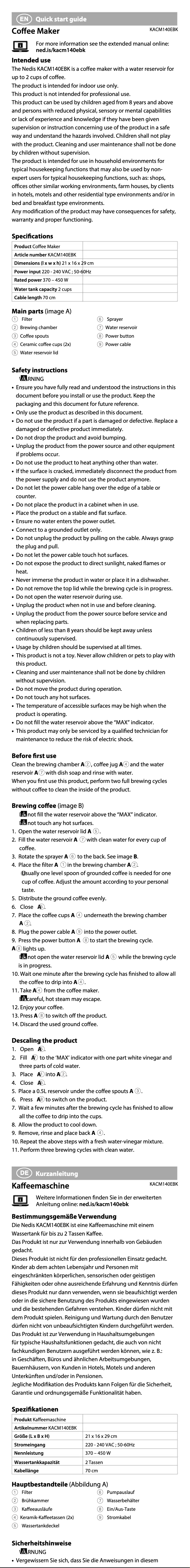 First page image of the manual for KACM140EBK