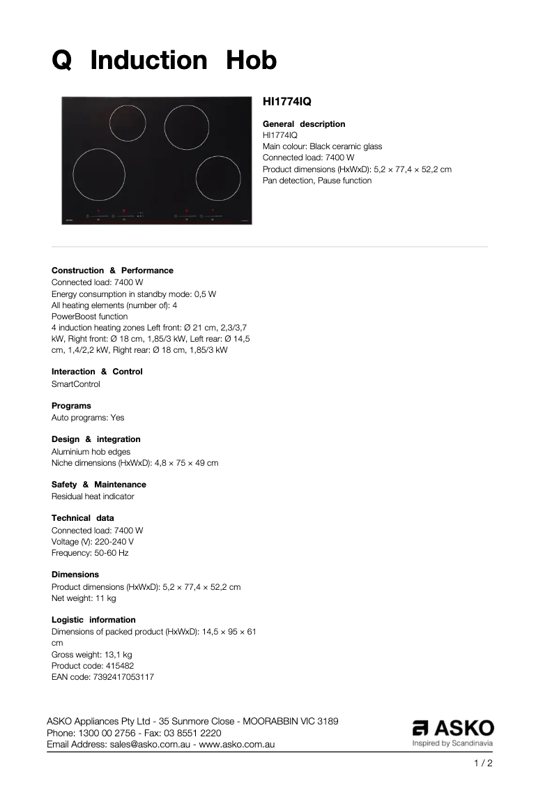 Page 1 of the manual Technical Sheet Asko HI1774IQ