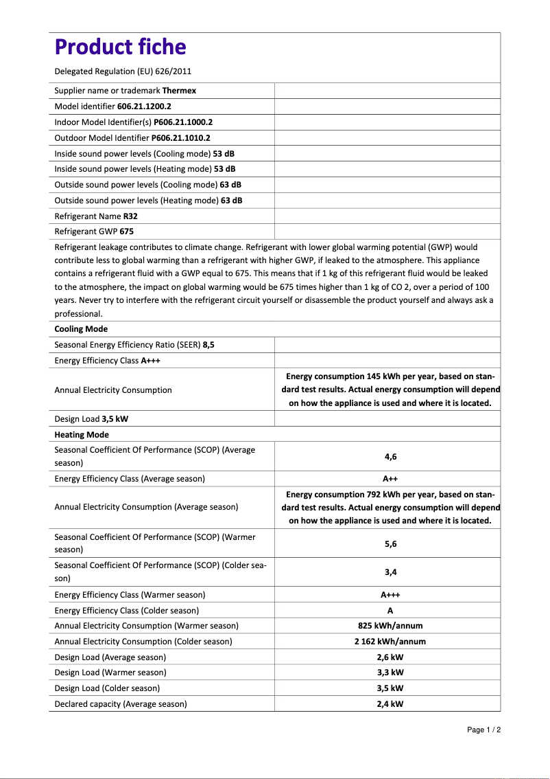 Page 1 of the manual Technical Sheet Thermex TXHPS12000 wiﬁ