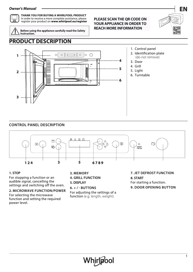 Page 1 de la notice Manuel d'utilisation et d'entretien Whirlpool MBNA920B