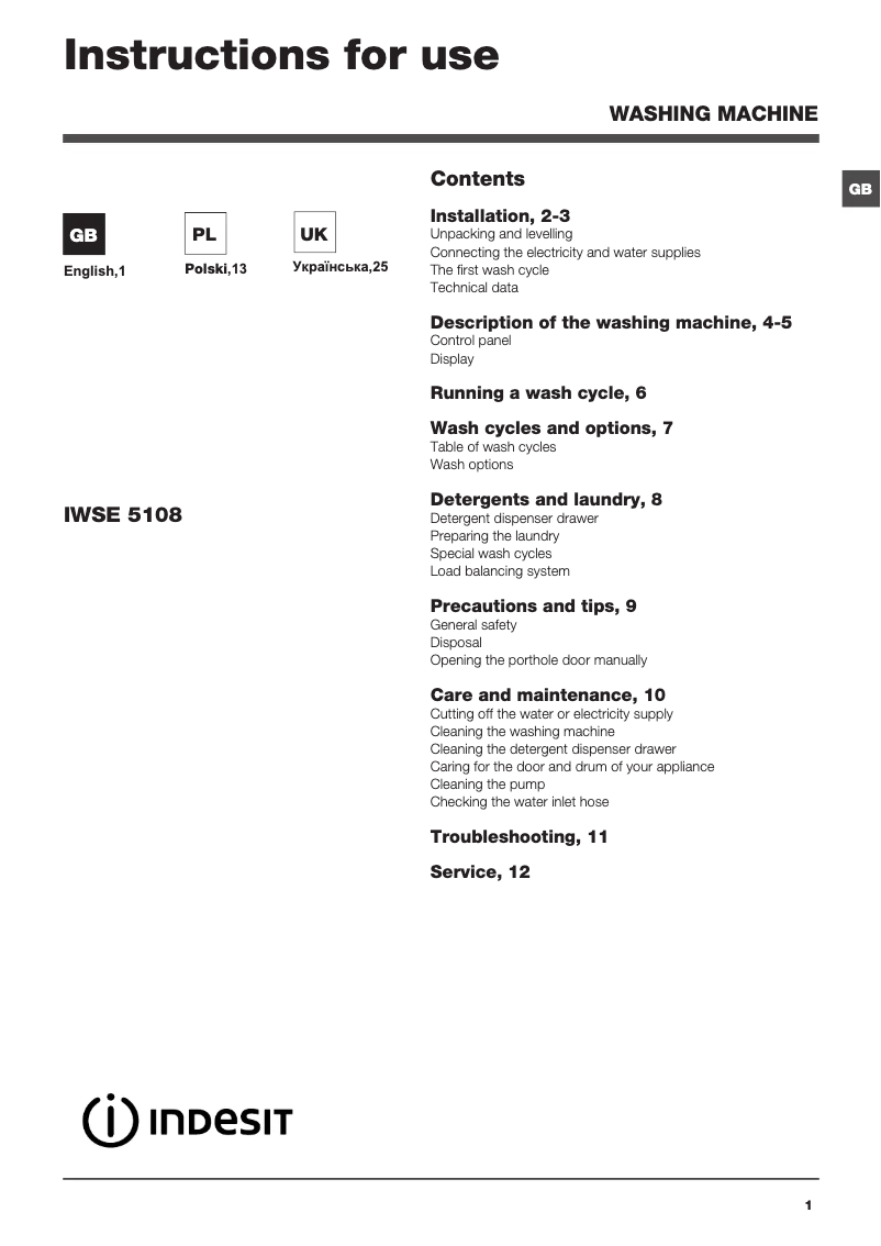 Page 1 of the manual User Manual Indesit IWSE 5108 B