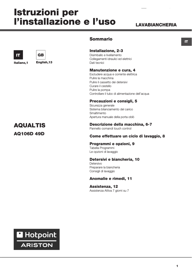 First page image of the manual for AQ106D 49D IT