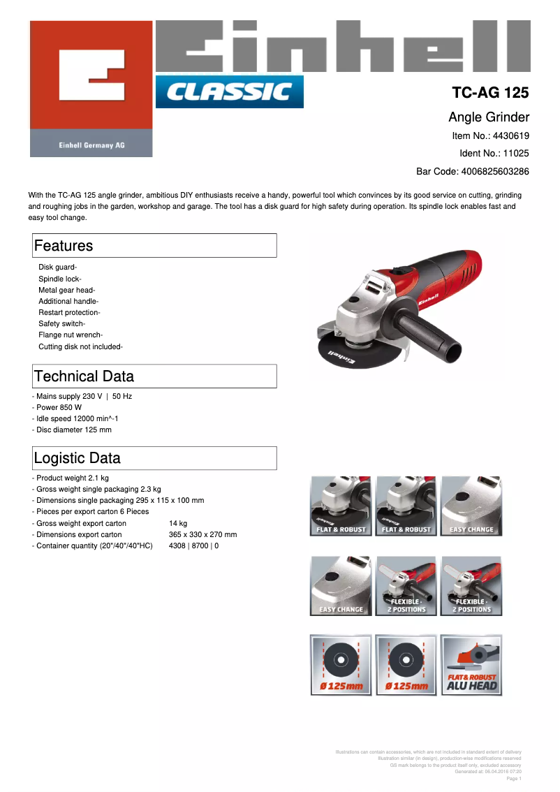 Page 1 of the manual Technical Sheet Einhell TC-AG 125