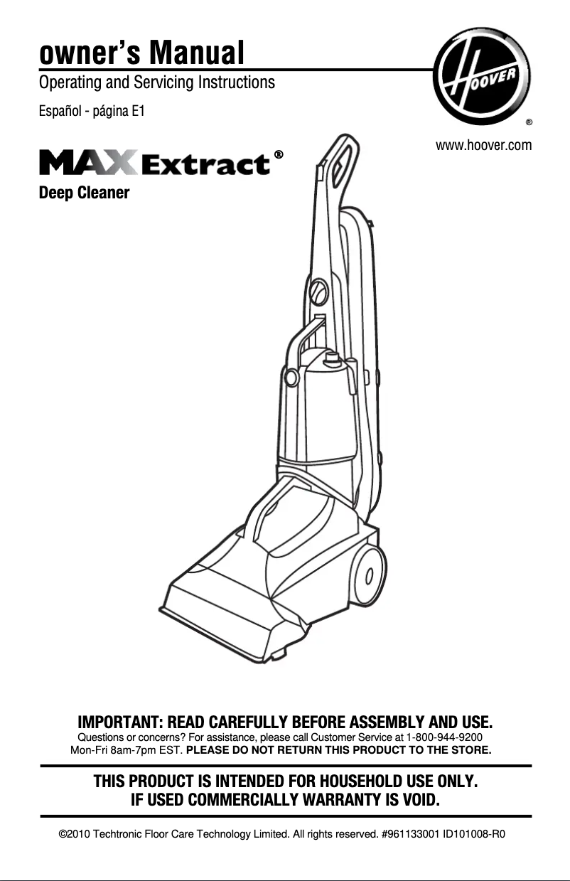 First page image of the manual for MaxExtract Deep Cleaner