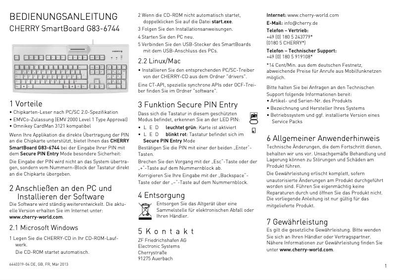Page 1 of the manual User Manual Cherry SmartBoard G83-6744