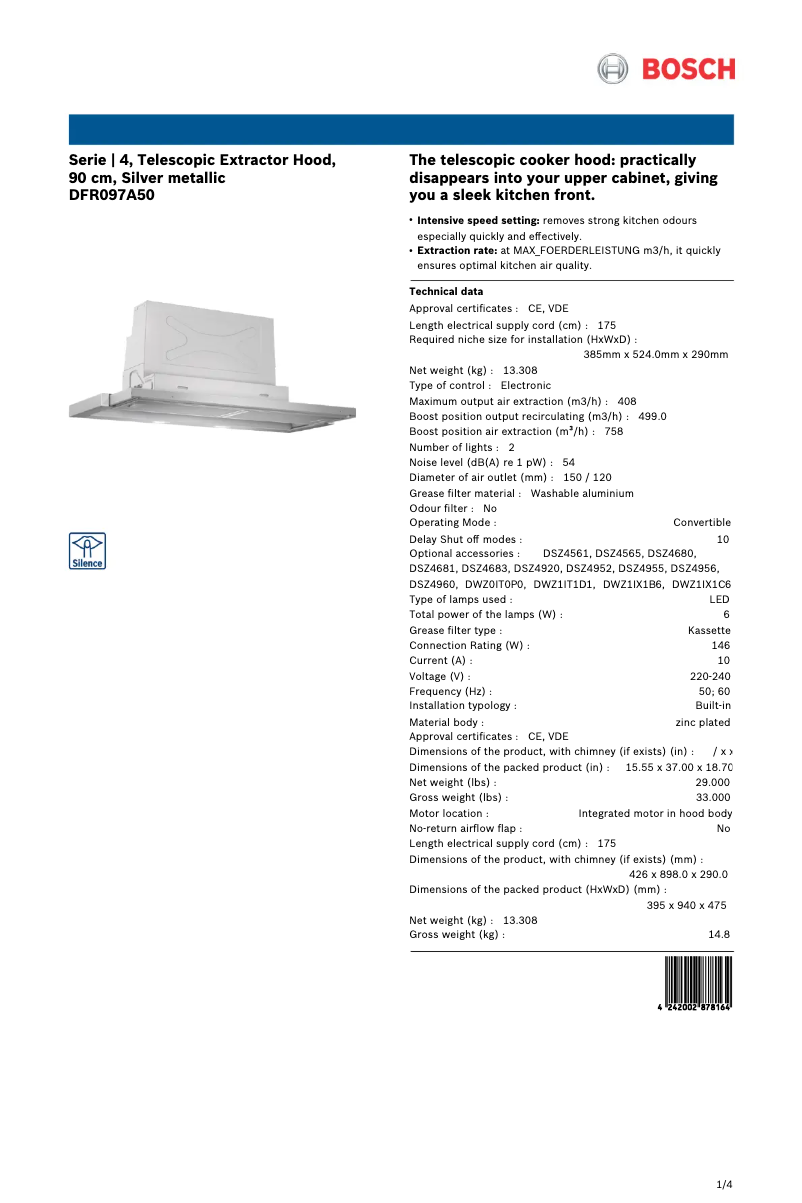 Page 1 of the manual Technical Sheet Bosch Serie 4 DFR097A50