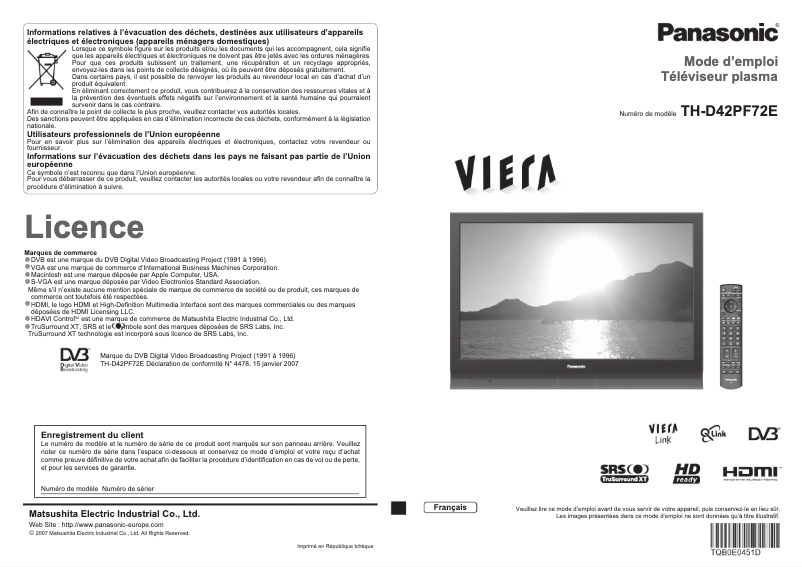 First page image of the manual for Viera TH-D42PF72F