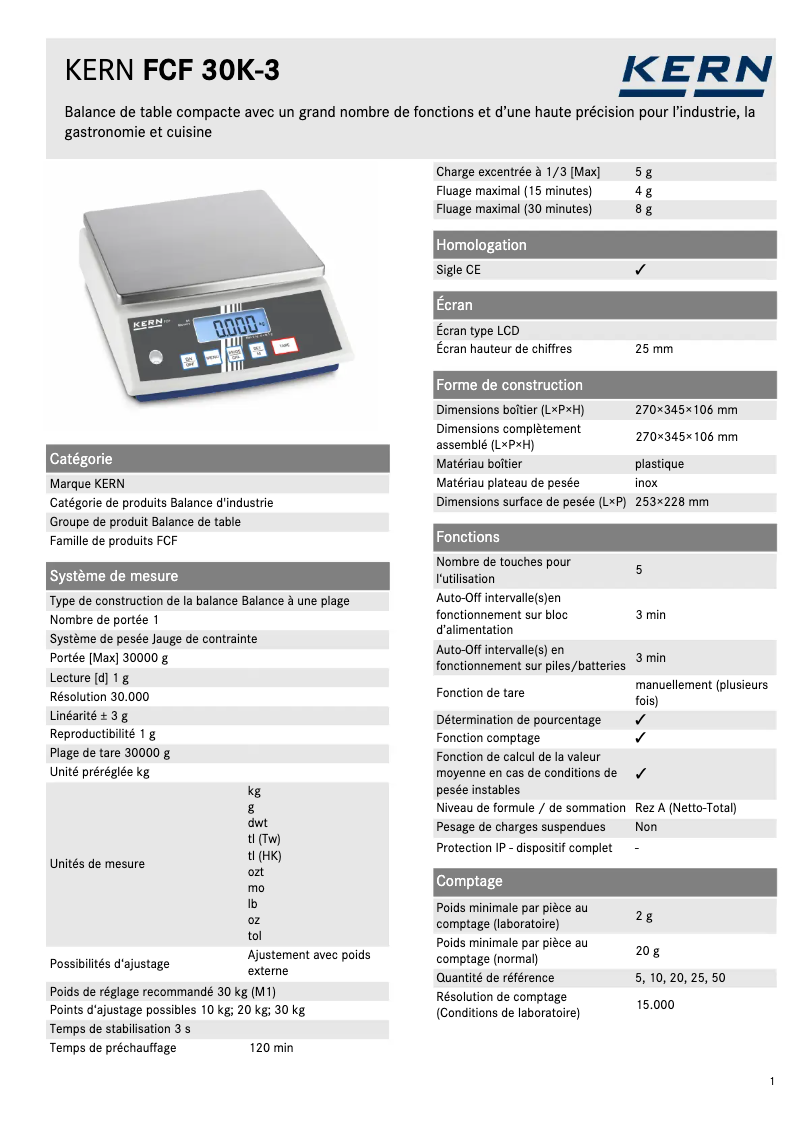 Page 1 of the manual Technical Sheet Kern FCF 30K-3