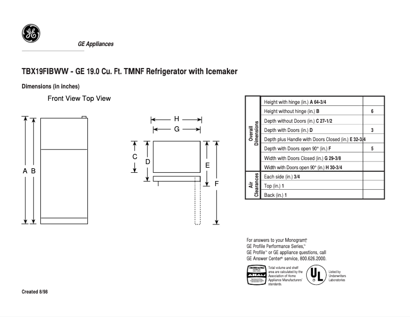 Page 1 of the manual Technical Sheet GE TBX19FIBWW