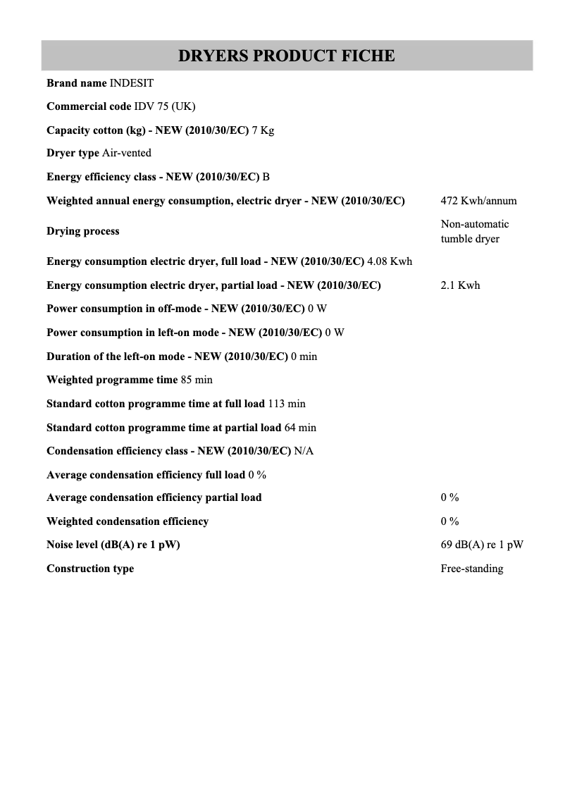 Page 1 of the manual Technical Sheet Indesit IDV 75 (UK)