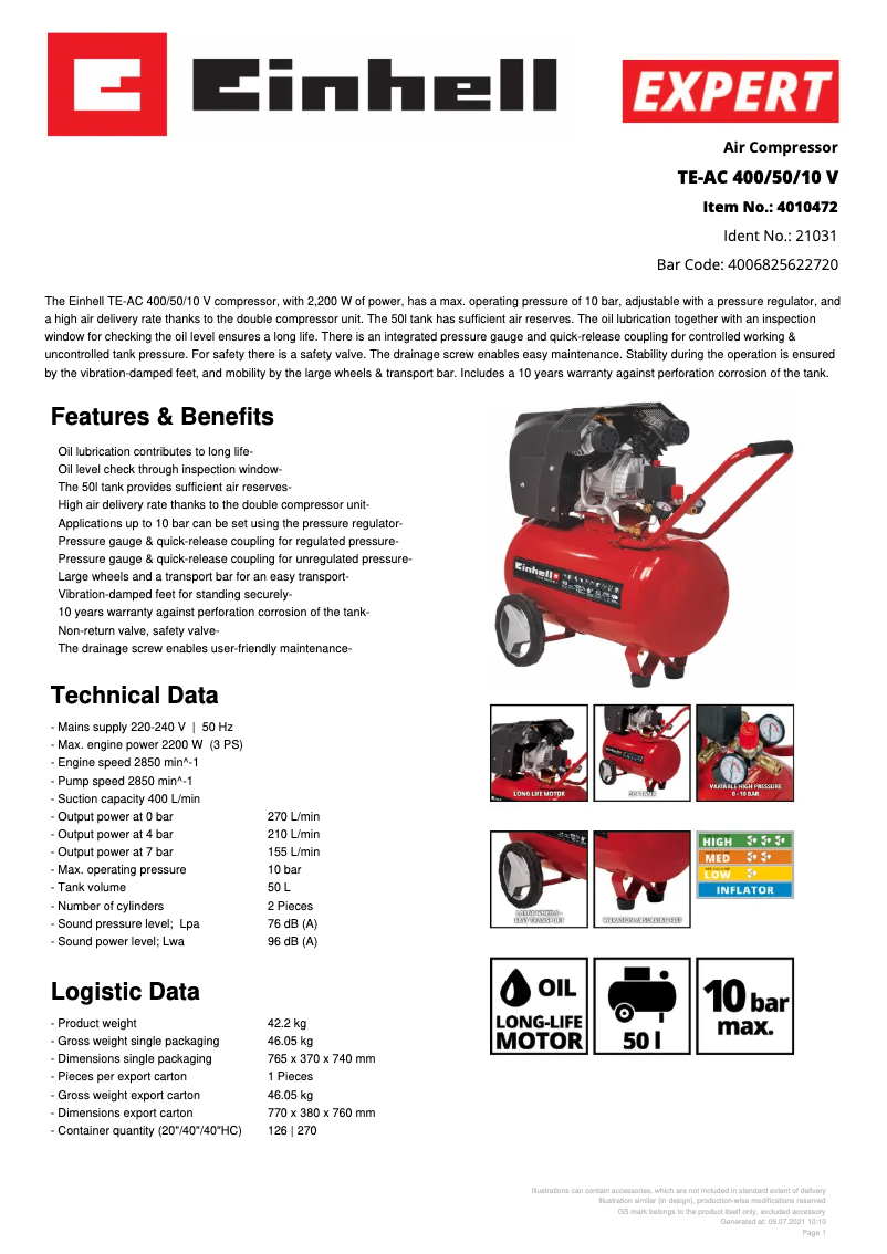 Page 1 of the manual Technical Sheet Einhell TE-AC 400/50/10