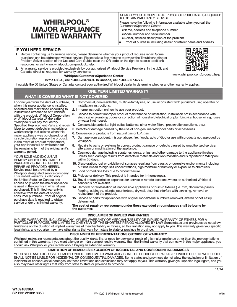 Page 1 of the manual Warranty Information Whirlpool WMH31017HZ