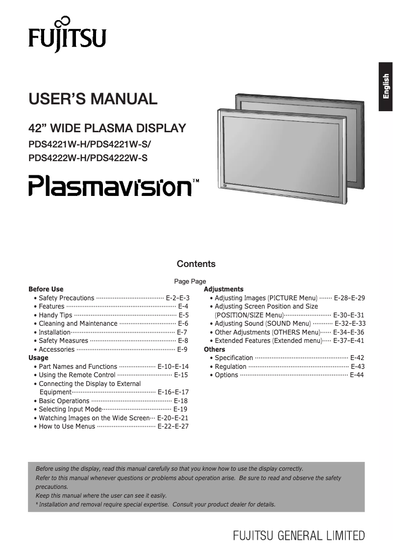 Page 1 of the manual User Manual Fujitsu Plasmavision PDS4222