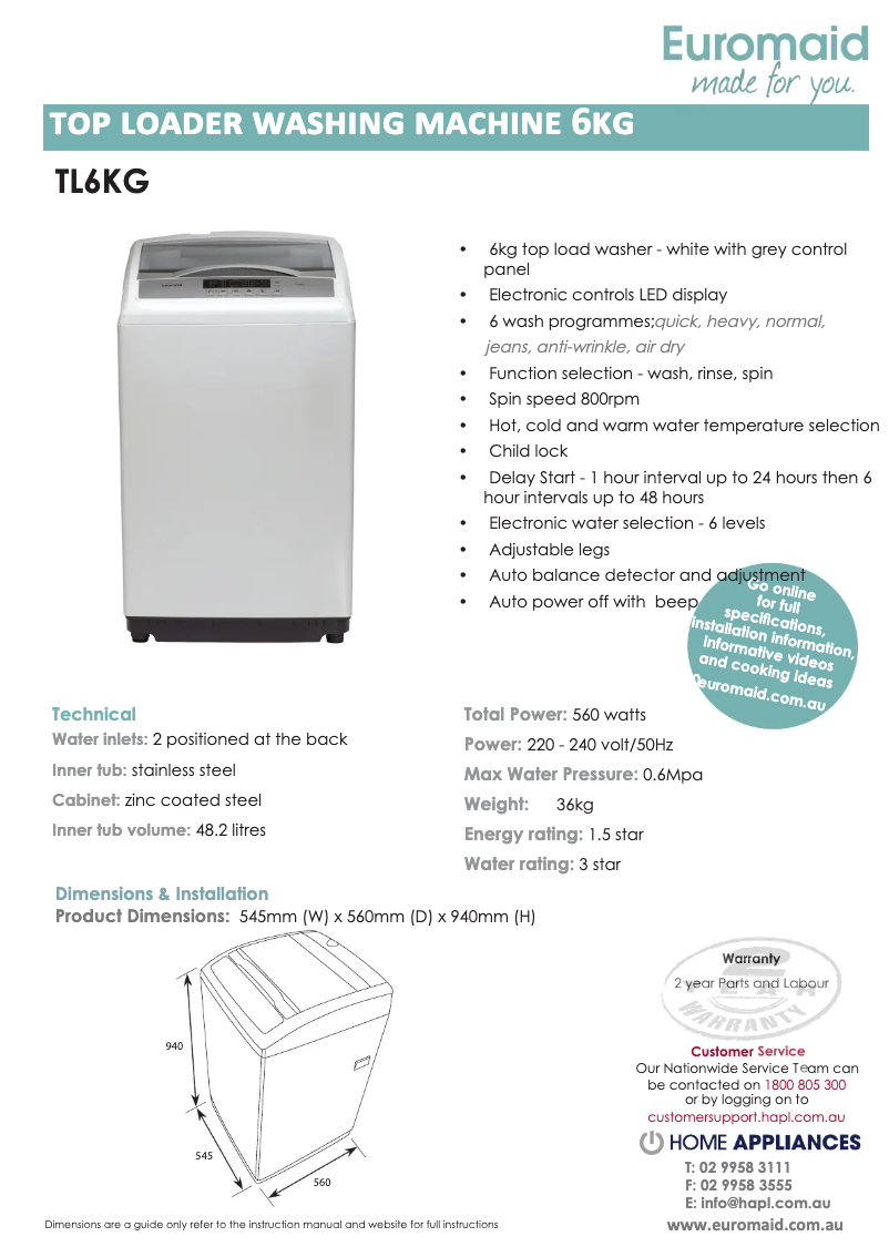 Page 1 of the manual Technical Sheet Euromaid TL6KG