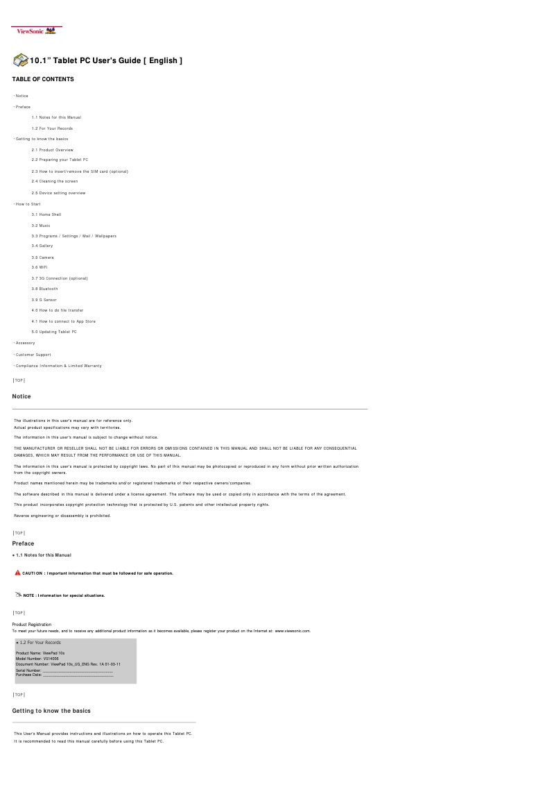 Page 1 of the manual User Manual Viewsonic ViewPad 10s