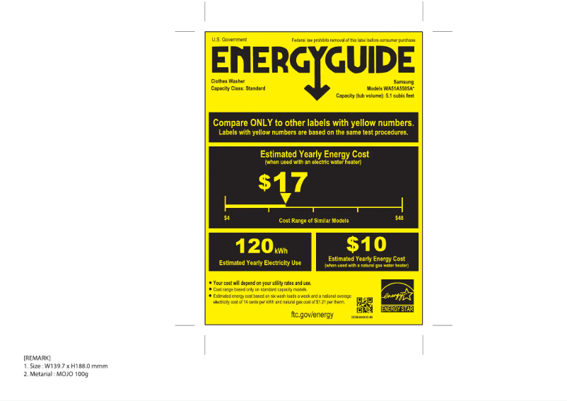 Page 1 of the manual Energy Label Samsung WA51A5505AC