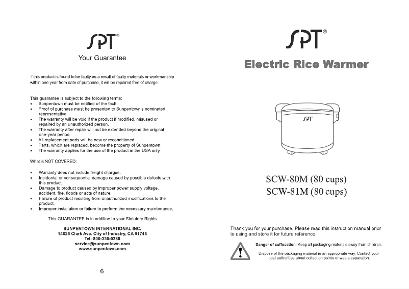 Page 1 of the manual User Manual SPT SCW-80M