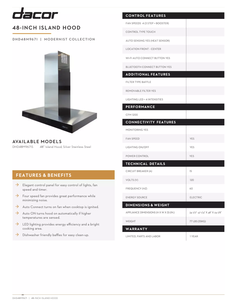 Page 1 of the manual Technical Sheet Dacor DHD48M967IM