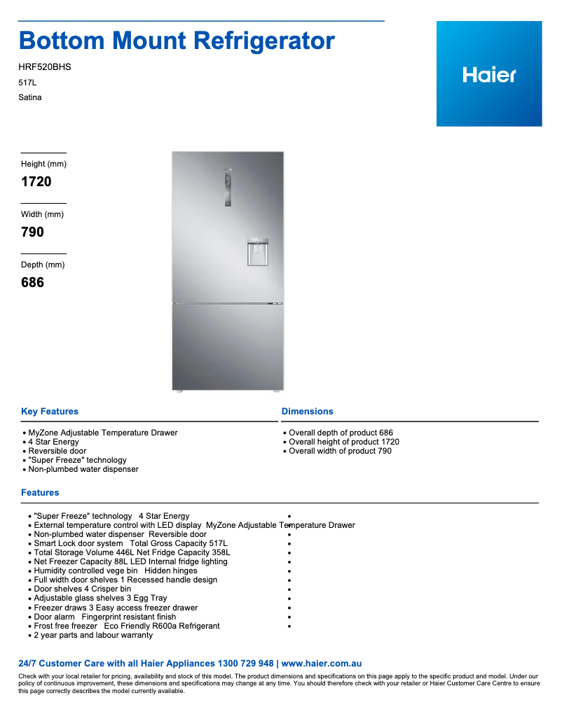 First page image of the manual for HRF520BHS