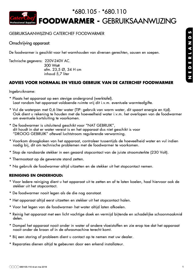 Page 1 de la notice Manuel utilisateur CaterChef 680105