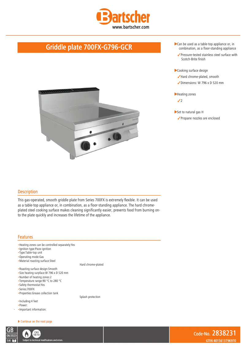 Page 1 de la notice Fiche technique Bartscher 700FX-G796-GCR