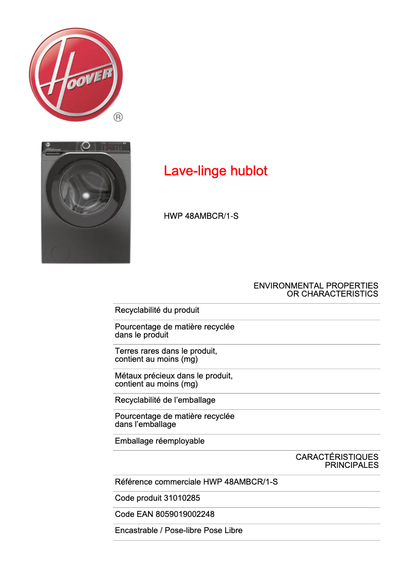 First page image of the manual for H-WASH 500 HWP 48AMBCR/1-S