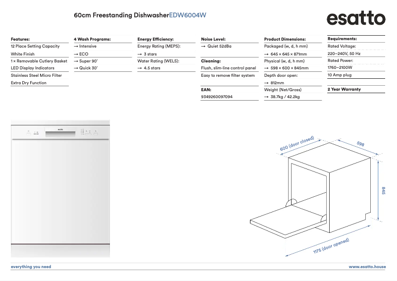 Page 1 of the manual Technical Sheet Esatto EDW6004W