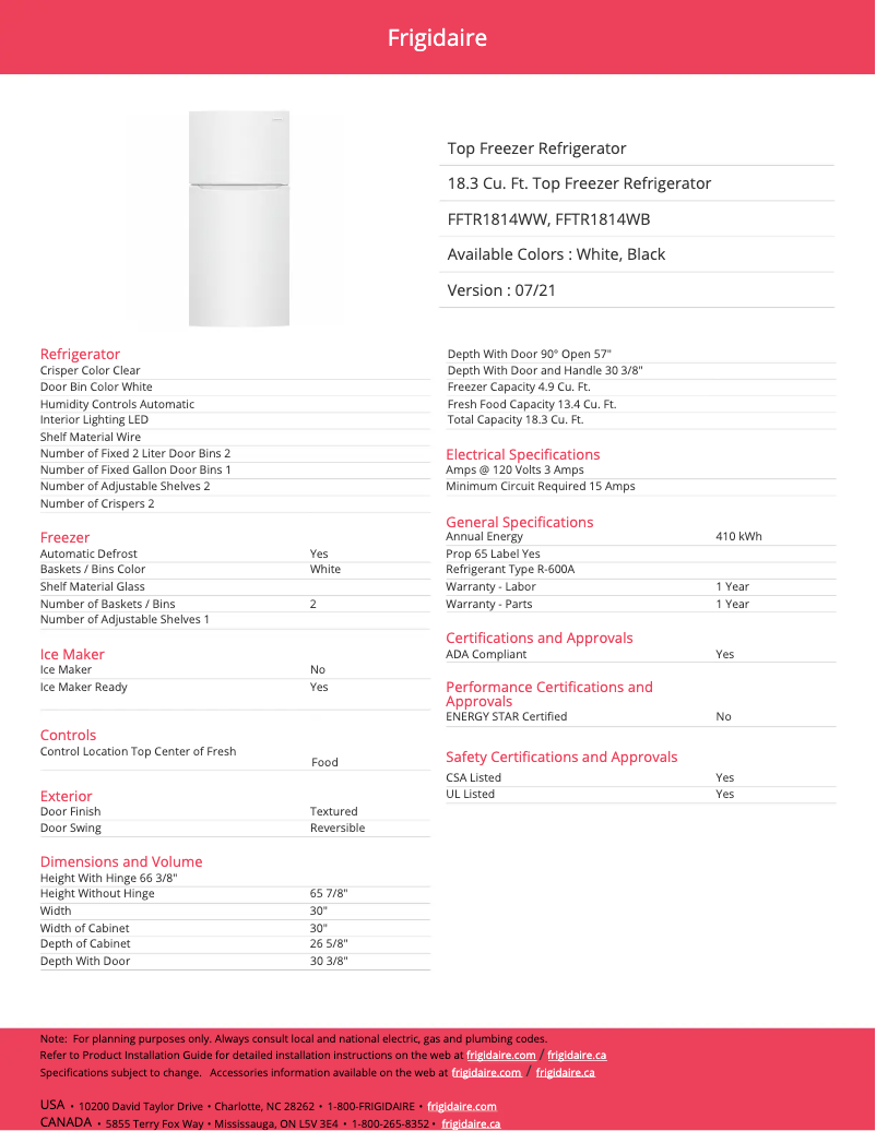 Page 1 of the manual Technical Sheet Frigidaire FFTR1814WW