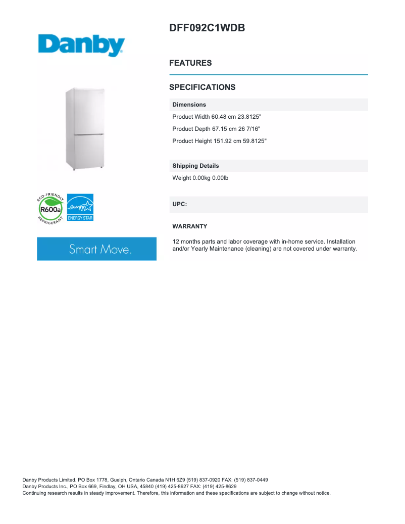 Page 1 of the manual Technical Sheet Danby DFF092C1