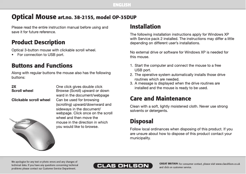 First page image of the manual for OP-35DUP