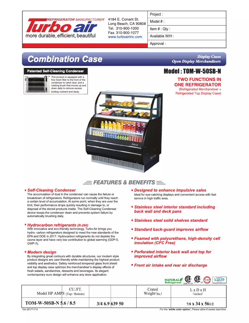 Page 1 of the manual Technical Sheet Turbo air TOM-W-50SB