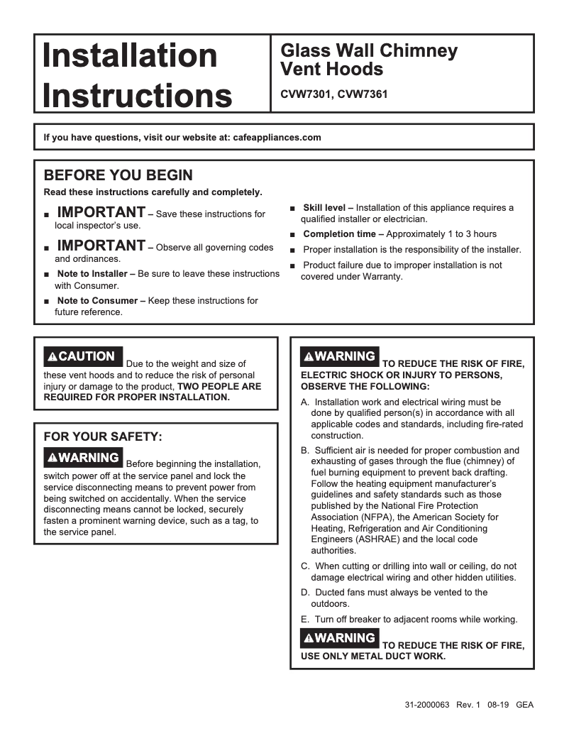 Page 1 of the manual Installation Guide GE CVW73614MWM