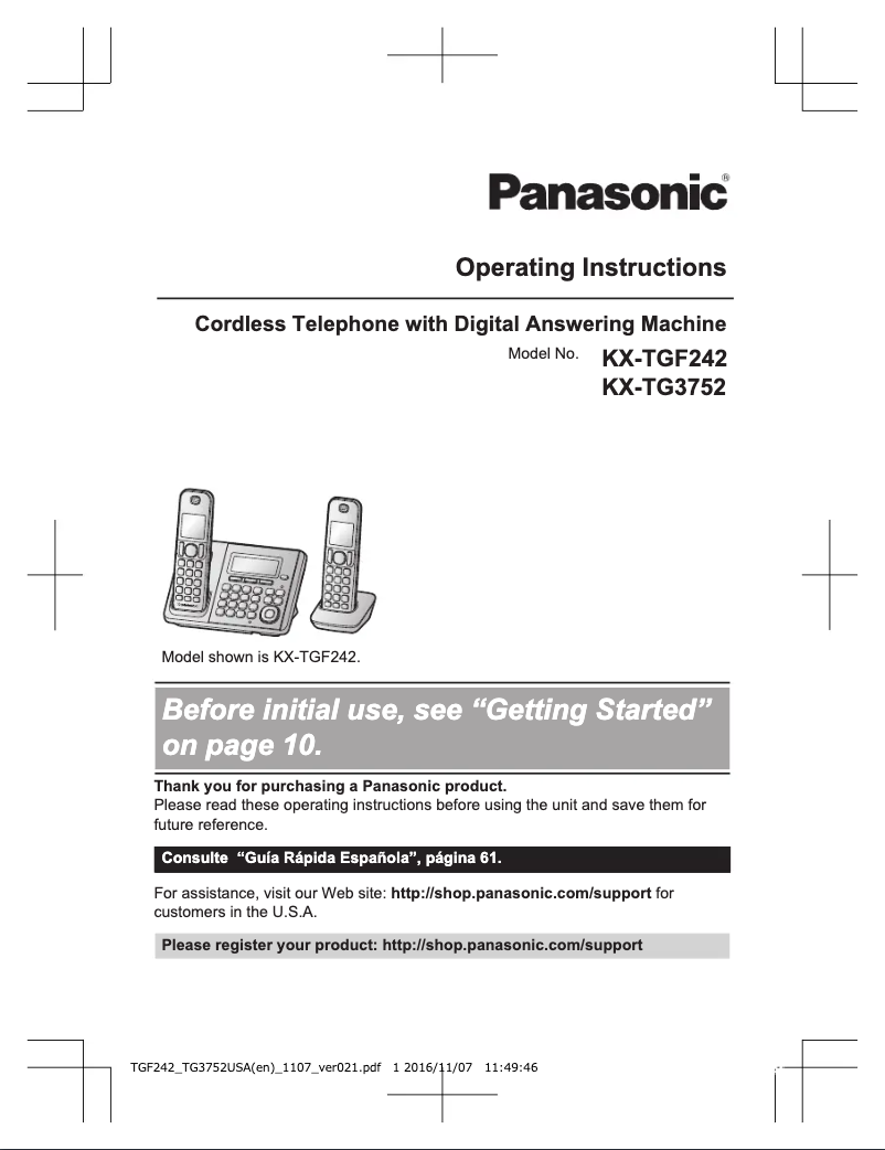First page image of the manual for KX-TG3752B
