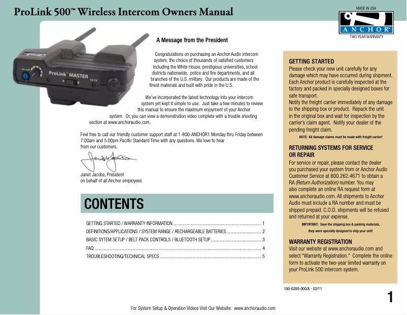 Page 1 de la notice Manuel utilisateur Anchor Audio PRO-540/1D3S