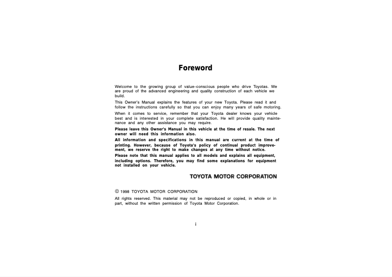 First page image of the manual for Tacoma (1998)