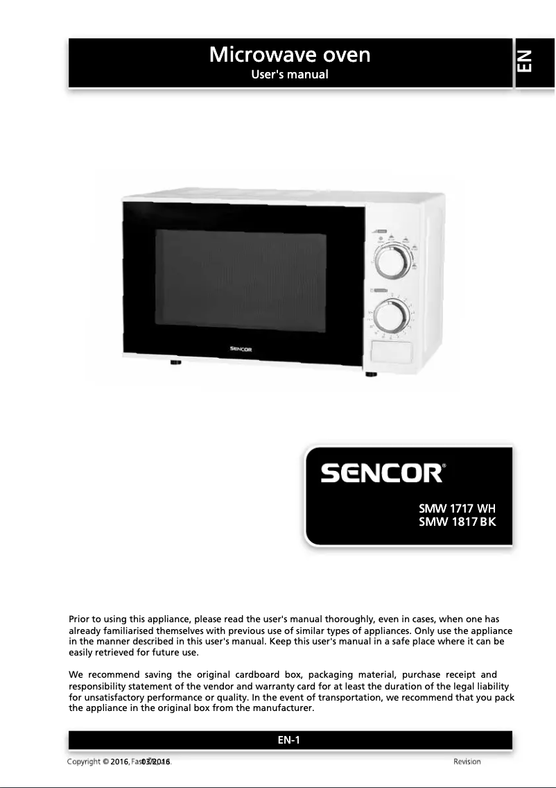 Page 1 of the manual User Manual Sencor SMW 1717WH