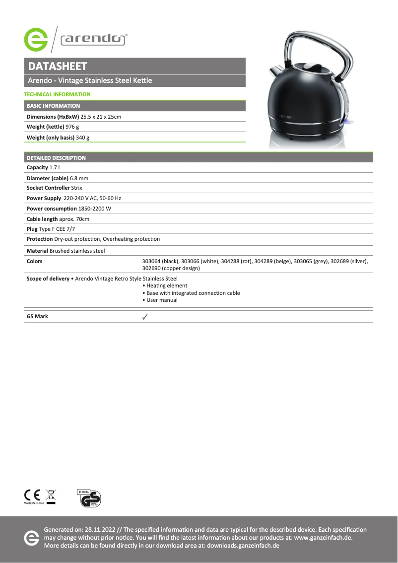 Page 1 of the manual Technical Sheet Arendo Vintage 303065