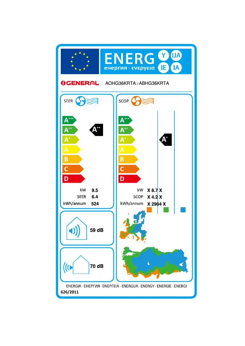 Page 1 of the manual Energy Label Fujitsu ABHG36KRTA