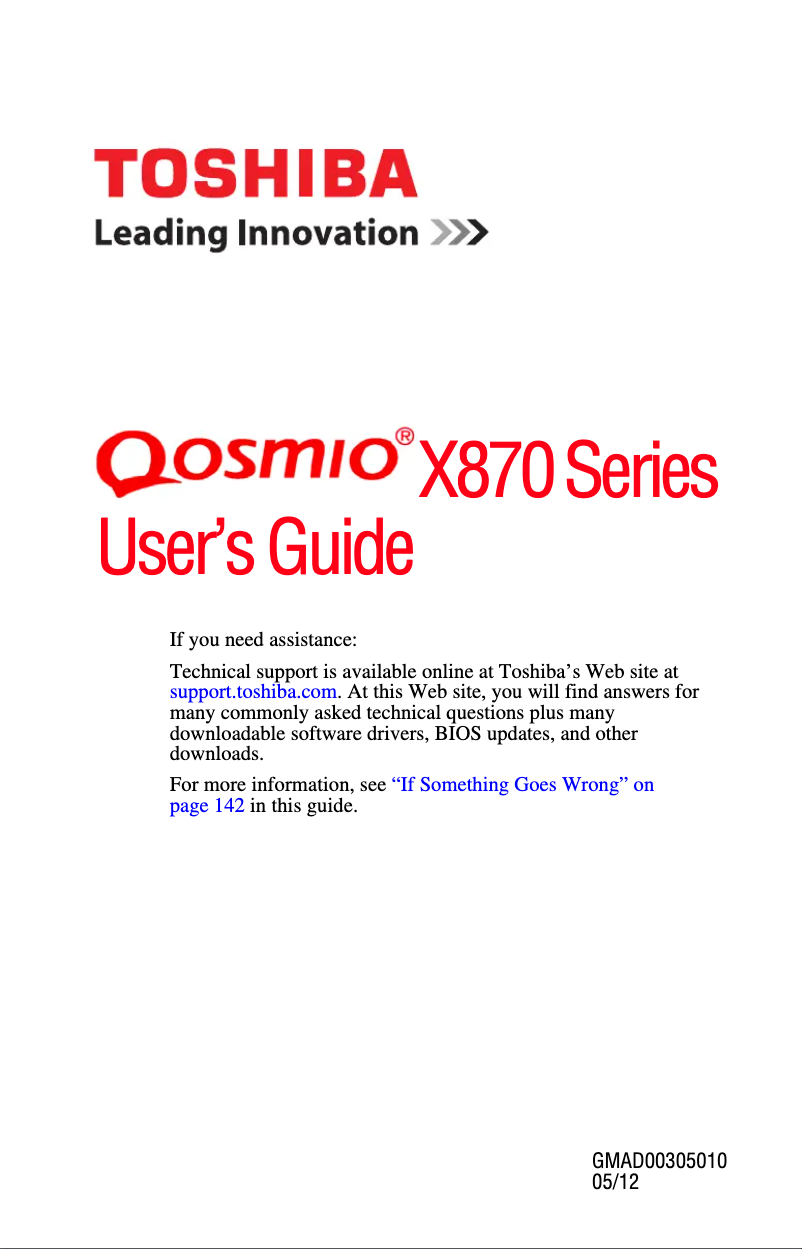 Page 1 of the manual User Manual Toshiba Qosmio X870-152