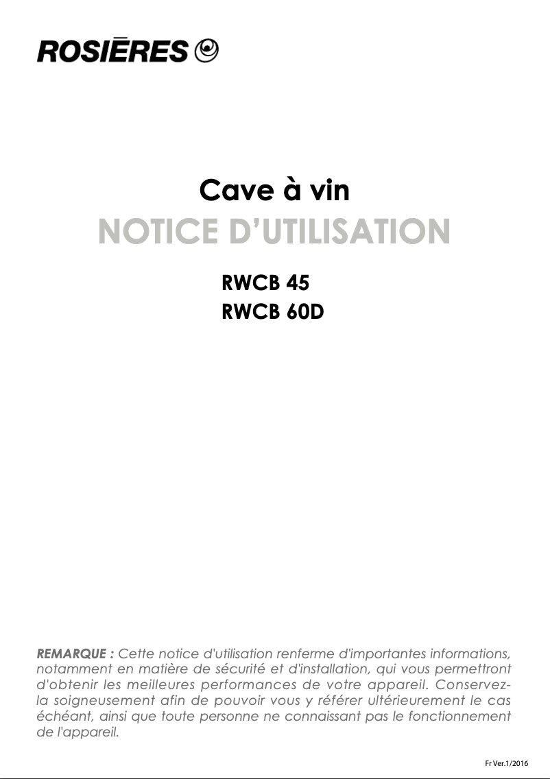 Page 1 of the manual User Manual Rosieres RWCB 45