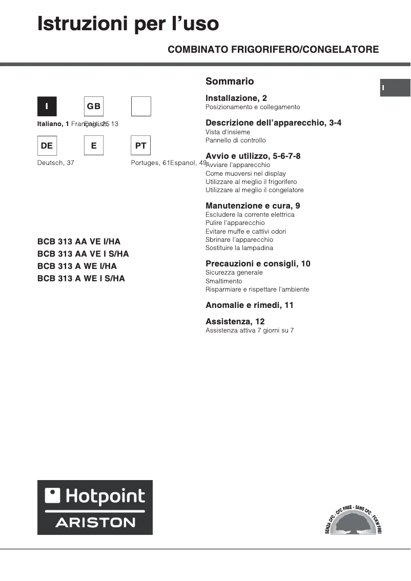 Page 1 of the manual User Manual Hotpoint BCB 313 AA VE I/HA