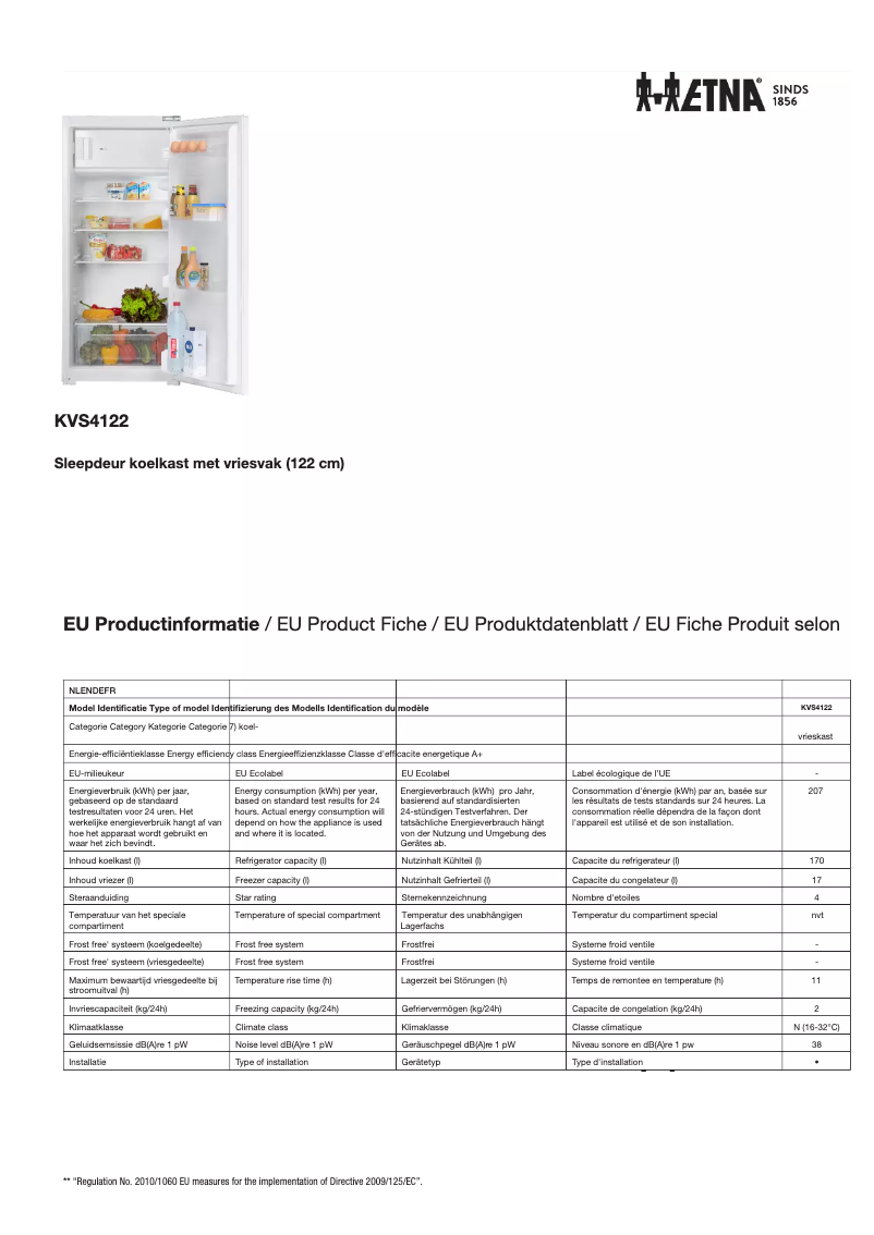 Page 1 of the manual Technical Sheet Etna KVS4122
