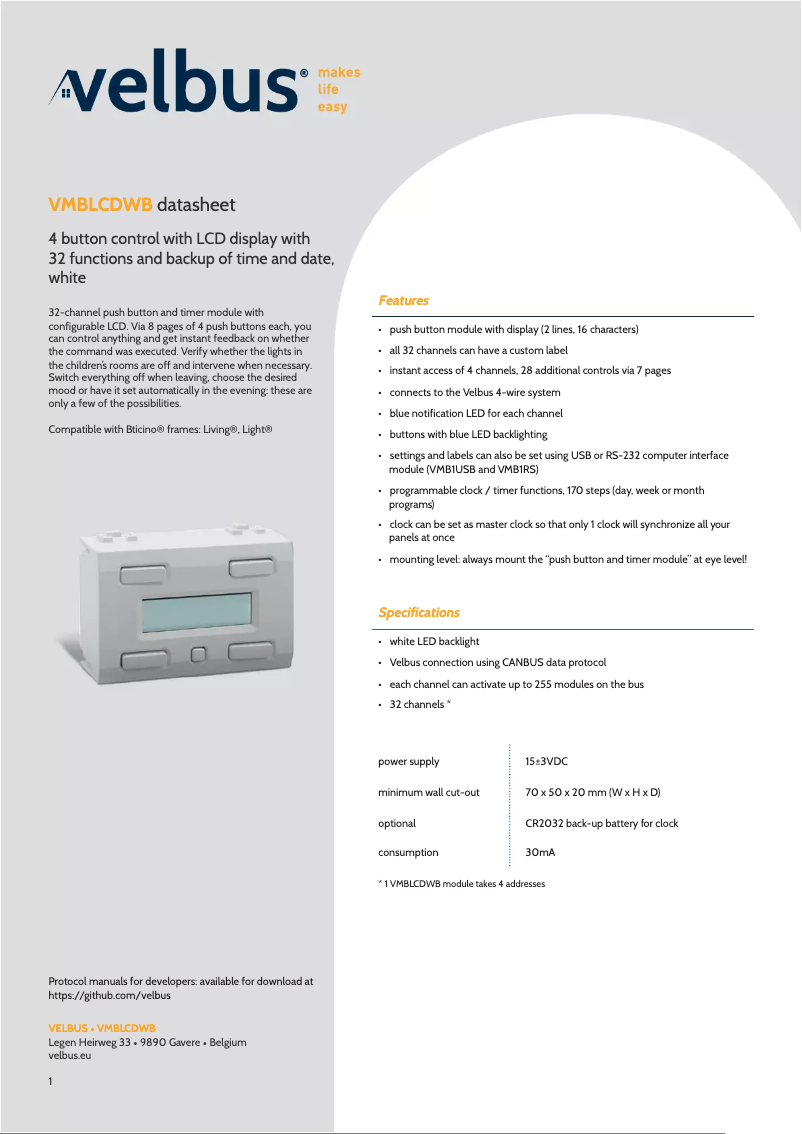 First page image of the manual for VMBLCDWB