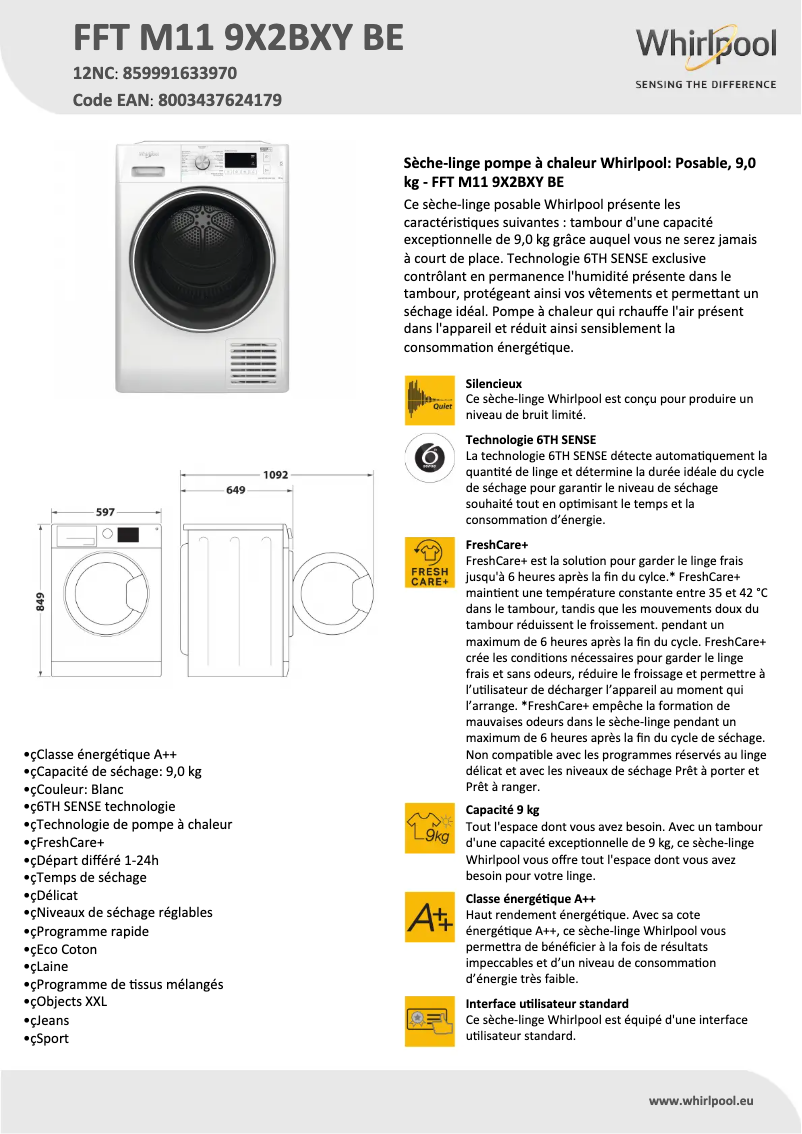 Page 1 of the manual Technical Sheet Whirlpool FFT M11 9X2BXY BE