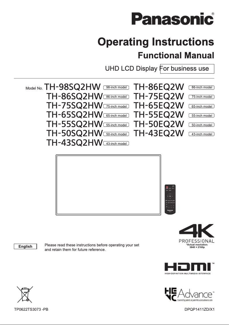 Page 1 of the manual User Manual Panasonic TH-75SQ2HW