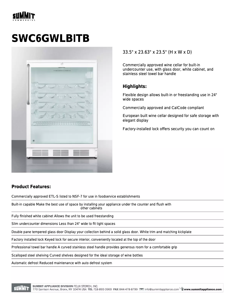 Page 1 of the manual Technical Sheet Summit SWC6GWLBITB